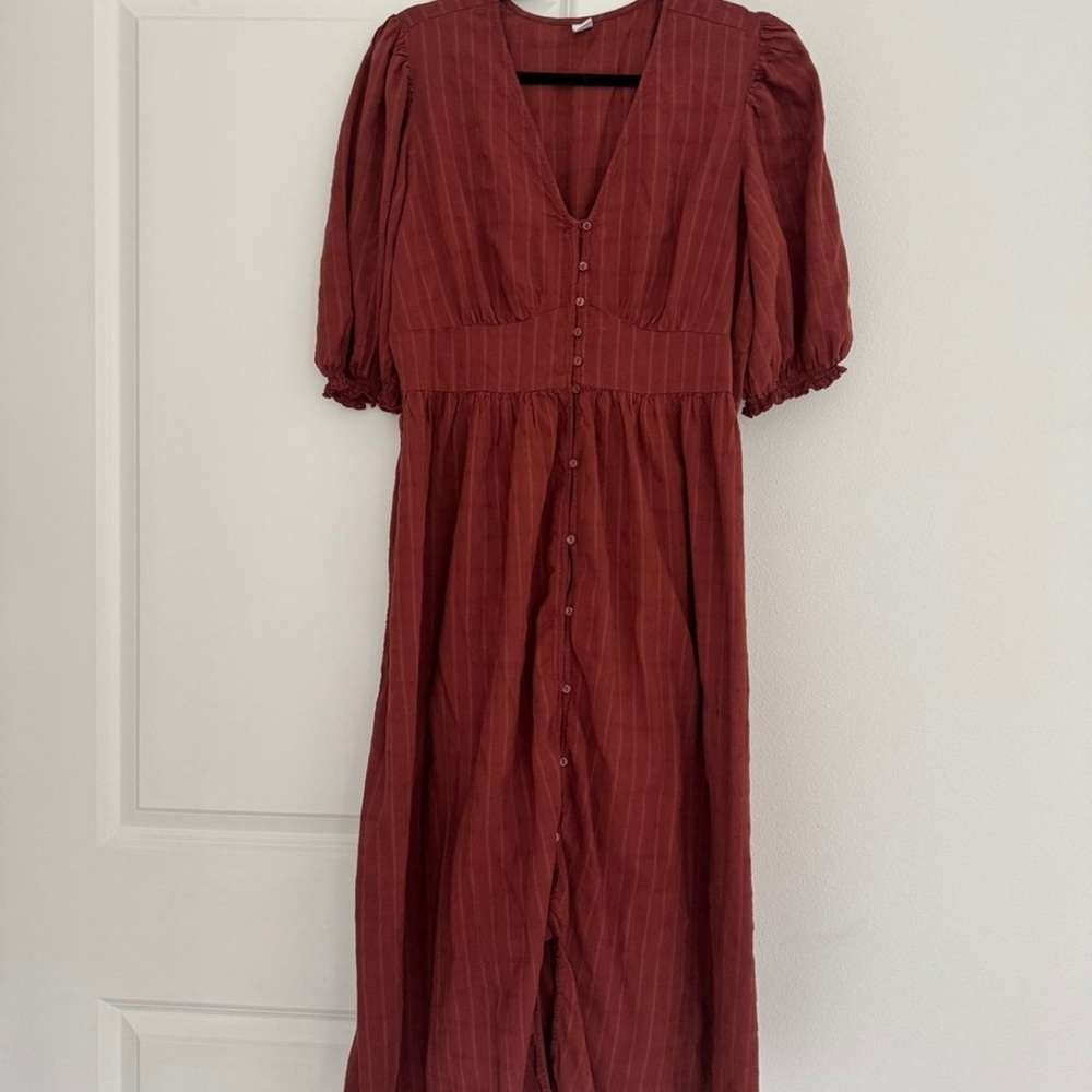 Old Navy women’s Fit & Flare Puff-Sleeve orange rust colored Midi Dress LARGE - Picture 4 of 5